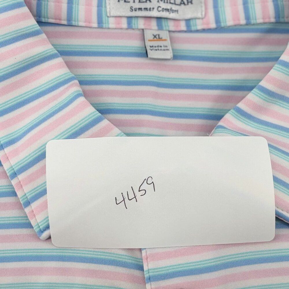 Peter Millar Mens Blue/Pink Striped Logo Summer Comfort SS Performance Polo XL - Picture 9 of 9
